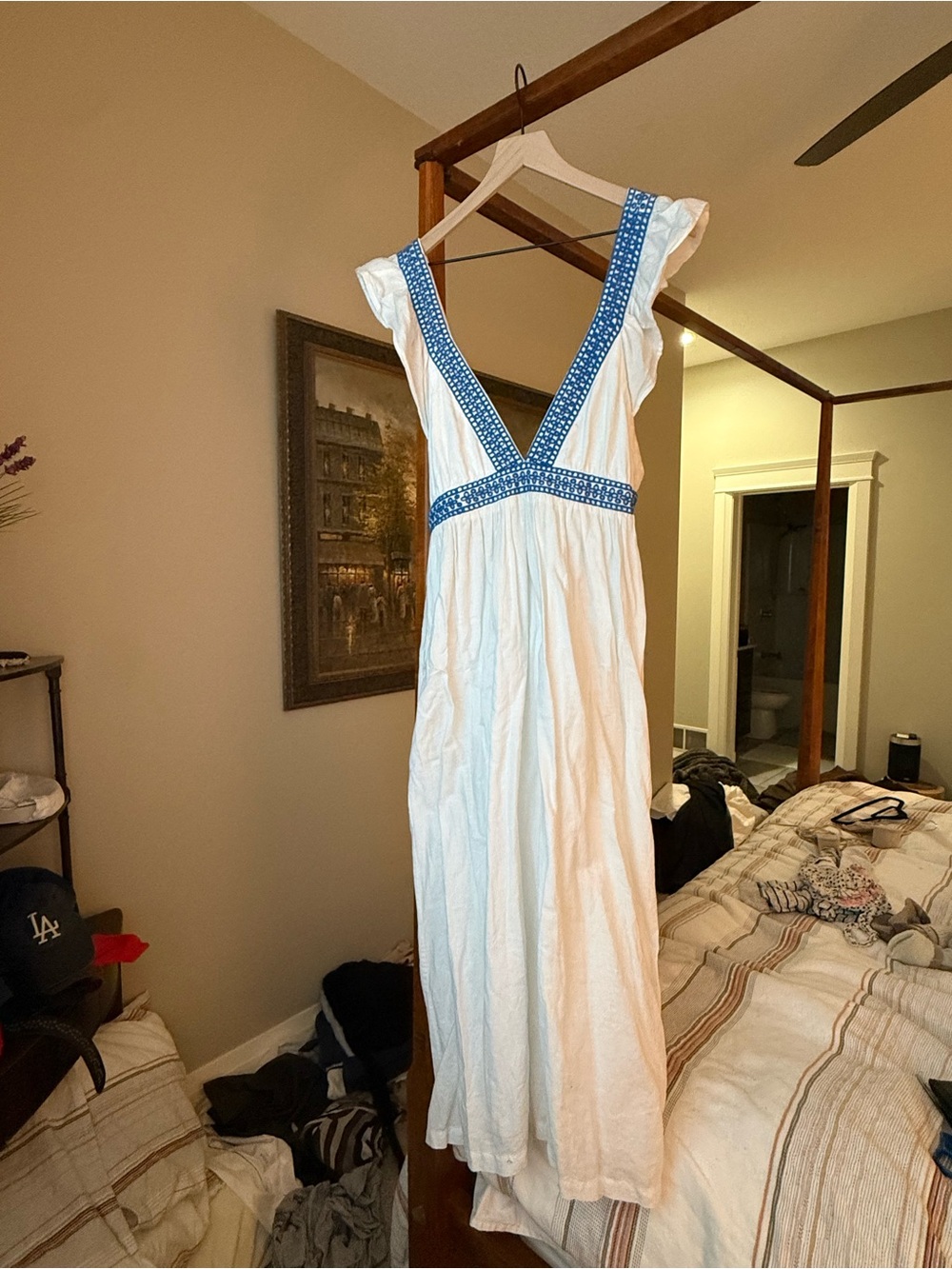 J. Crew White Midi Dress with Blue Trim